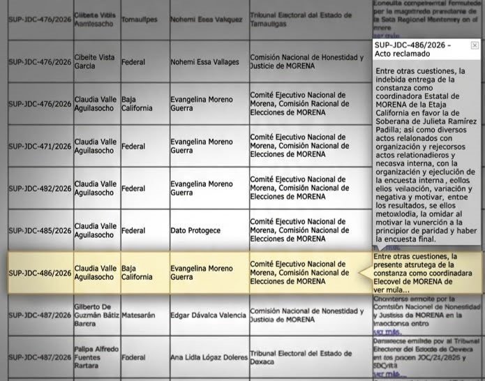Registro del expediente SUP-JDC-486/2026 promovido por Evangelina Moreno ante el TEPJF