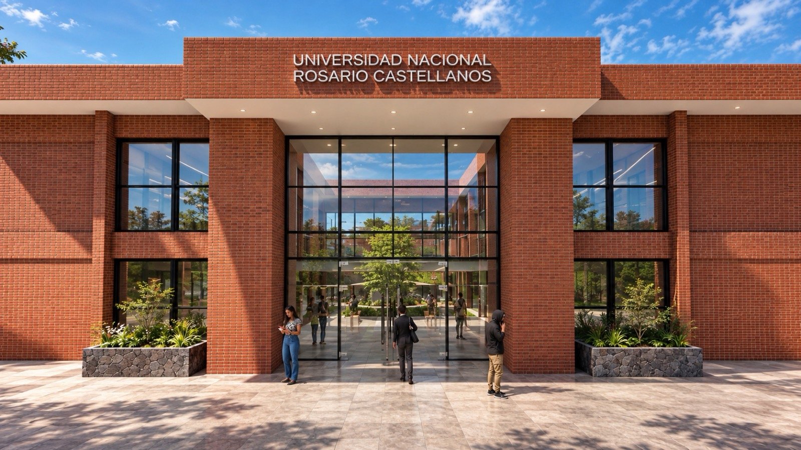 Render arquitectónico de un edificio universitario de ladrillo con entrada acristalada y letrero Universidad Nacional Rosario Castellanos